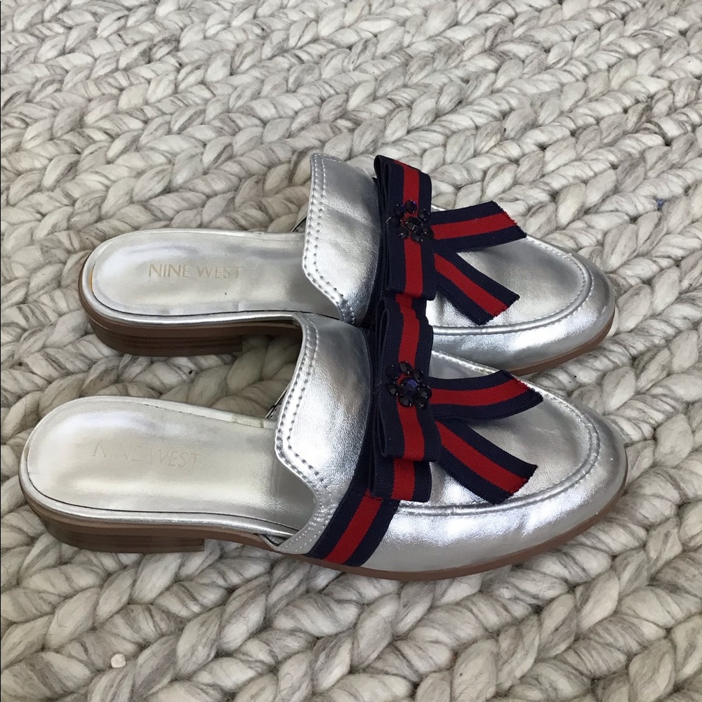 Nine West Silver Flats with Red and Blue Accents